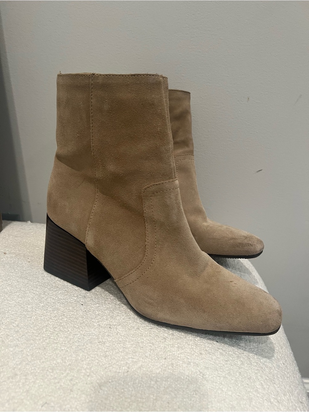 Suede Block Heel Ankle Boots - Tan